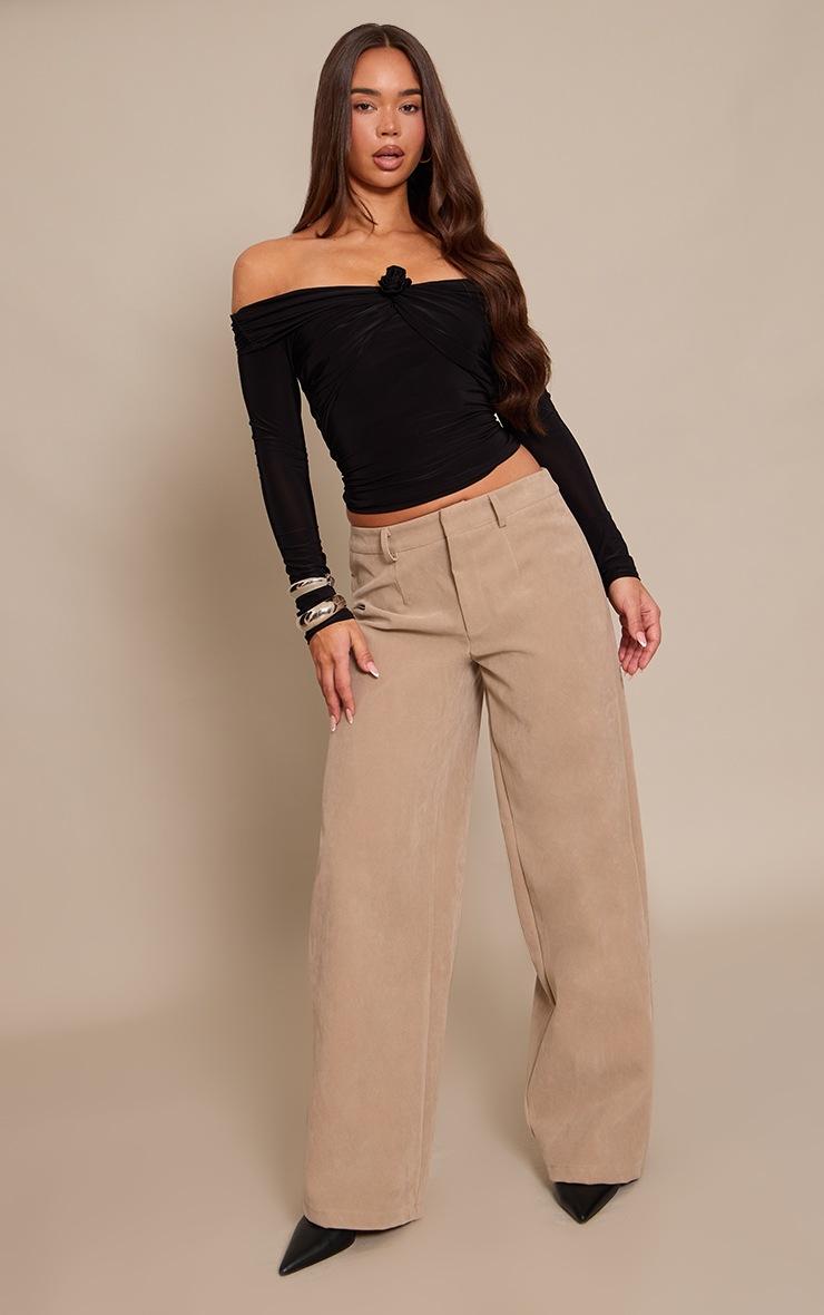 Pretty Little Thing Black Slinky Applique Detail Bardot Long Sleeve Top