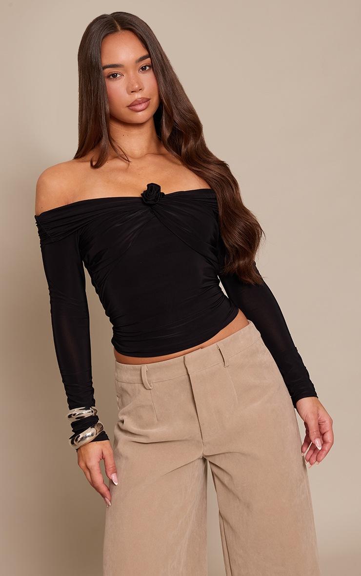 Pretty Little Thing Black Slinky Applique Detail Bardot Long Sleeve Top
