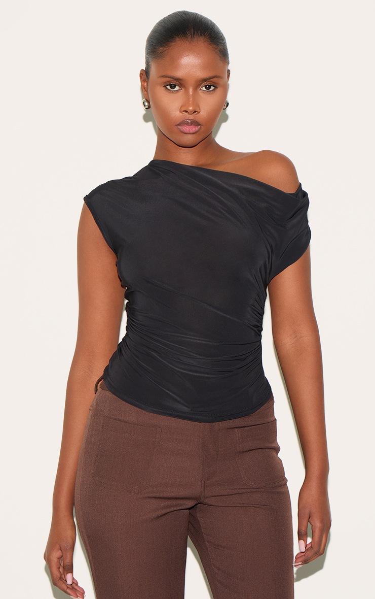 Pretty Little Thing Black Slinky Backless Asymmetric Long Top