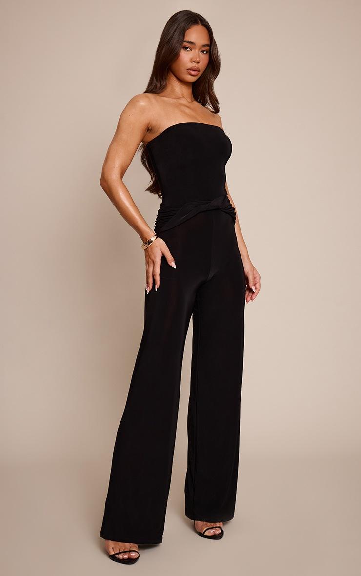 Pretty Little Thing Black Slinky Bandeau Wrap Twist Straight Leg Jumpsuit