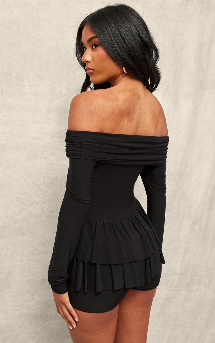 Pretty Little Thing Black Slinky Long Sleeve Bardot Rara Skort Romper