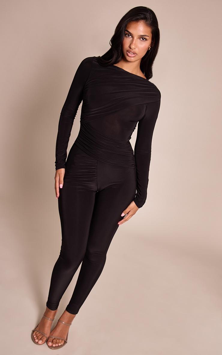 Pretty Little Thing Black Slinky Long Sleeve Ruched Drape Jumpsuit