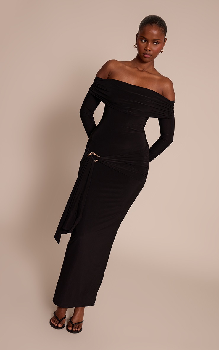 Pretty Little Thing Black Slinky Off The Shoulder Wrap Maxi Dress
