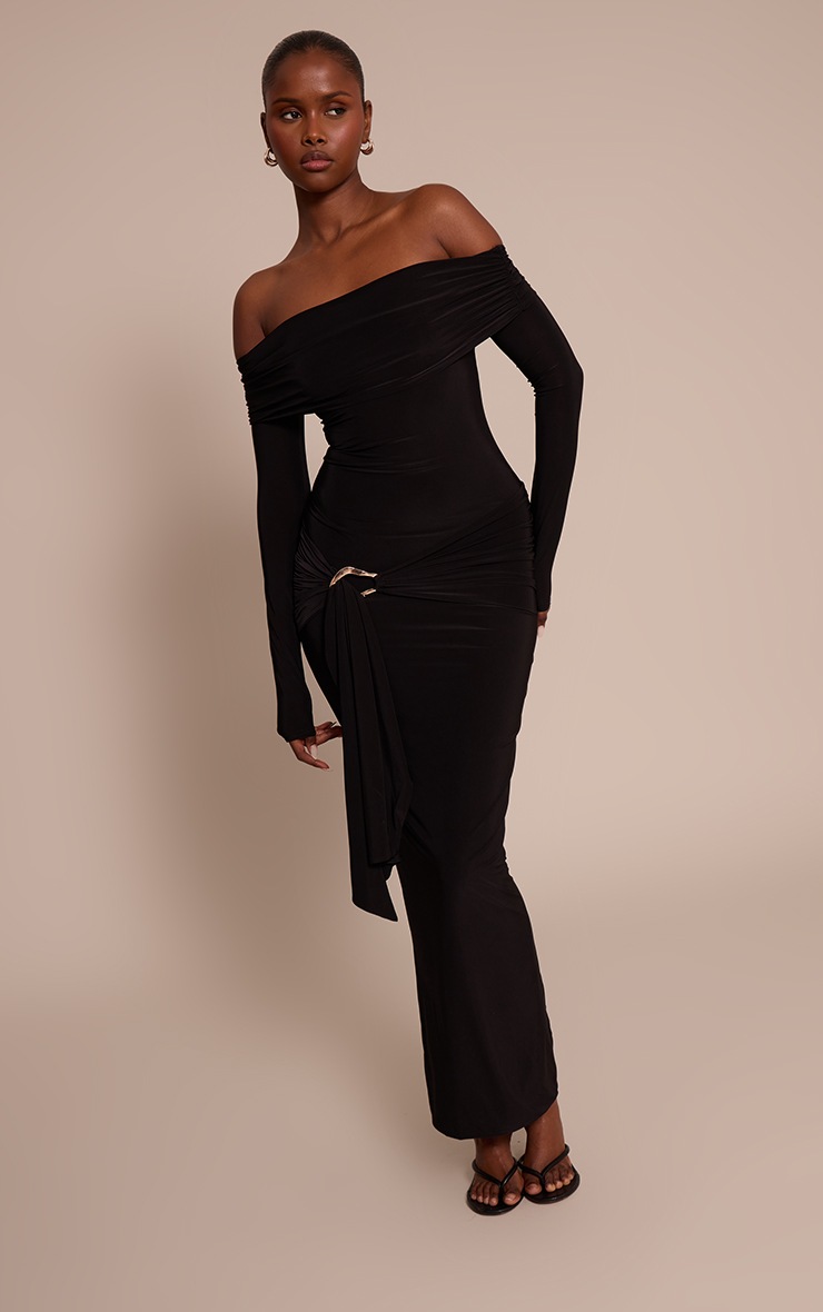Pretty Little Thing Black Slinky Off The Shoulder Wrap Maxi Dress