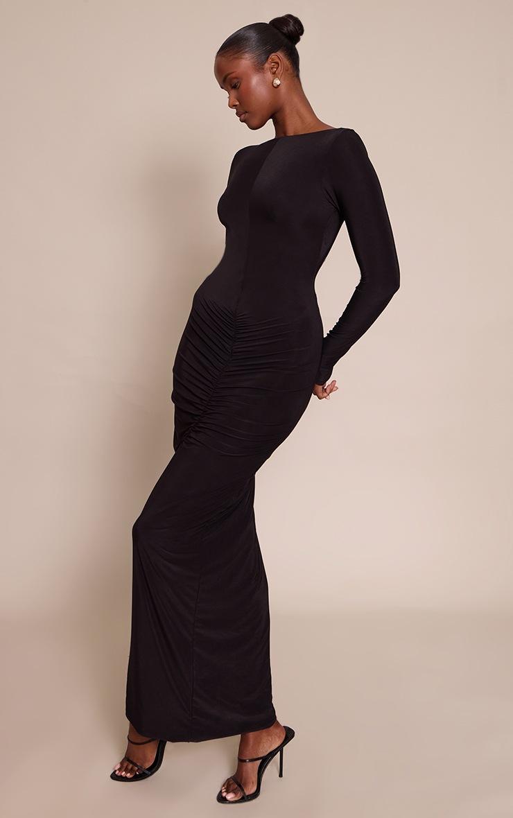 Pretty Little Thing Black Slinky Ruched Low Back Maxi Dress