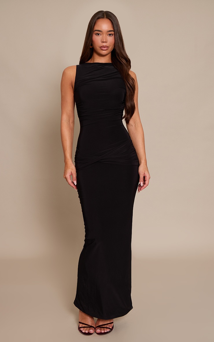 Pretty Little Thing Black Slinky Ruched Wrap Maxi Dress