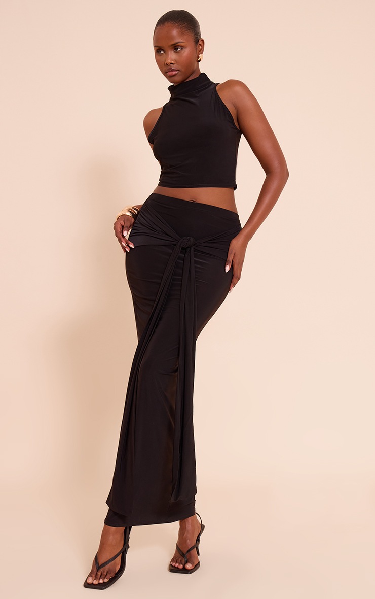 Pretty Little Thing Black Slinky Tie Detail Maxi Skirt