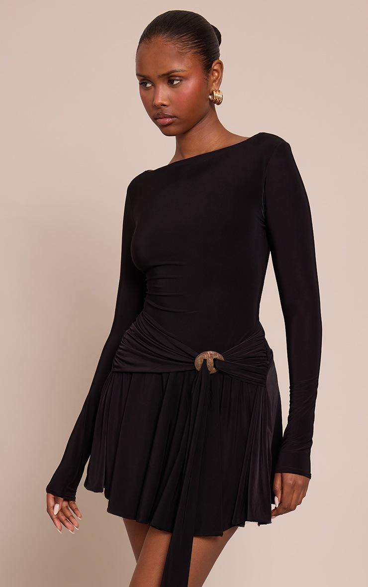 Pretty Little Thing Black Slinky Trim Belt Detail Mini Shift Dress
