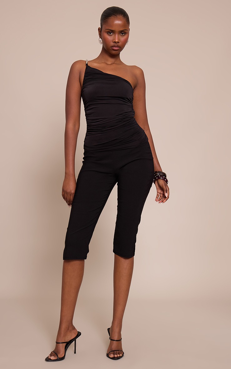 Pretty Little Thing Black Slinky Trim Shoulder Detail Long Top