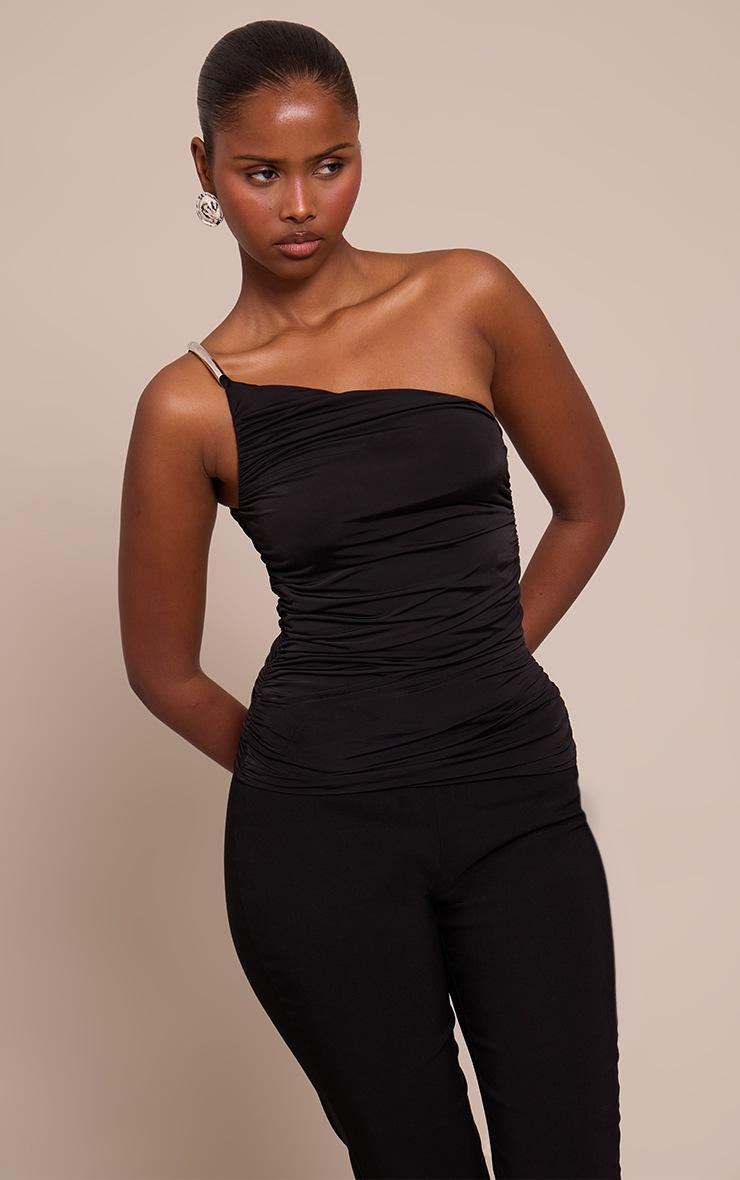 Pretty Little Thing Black Slinky Trim Shoulder Detail Long Top