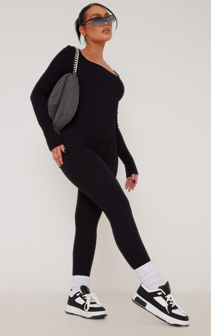 Pretty Little Thing Black Snatched Rib Square Neck Long Sleeve Jumpsuit