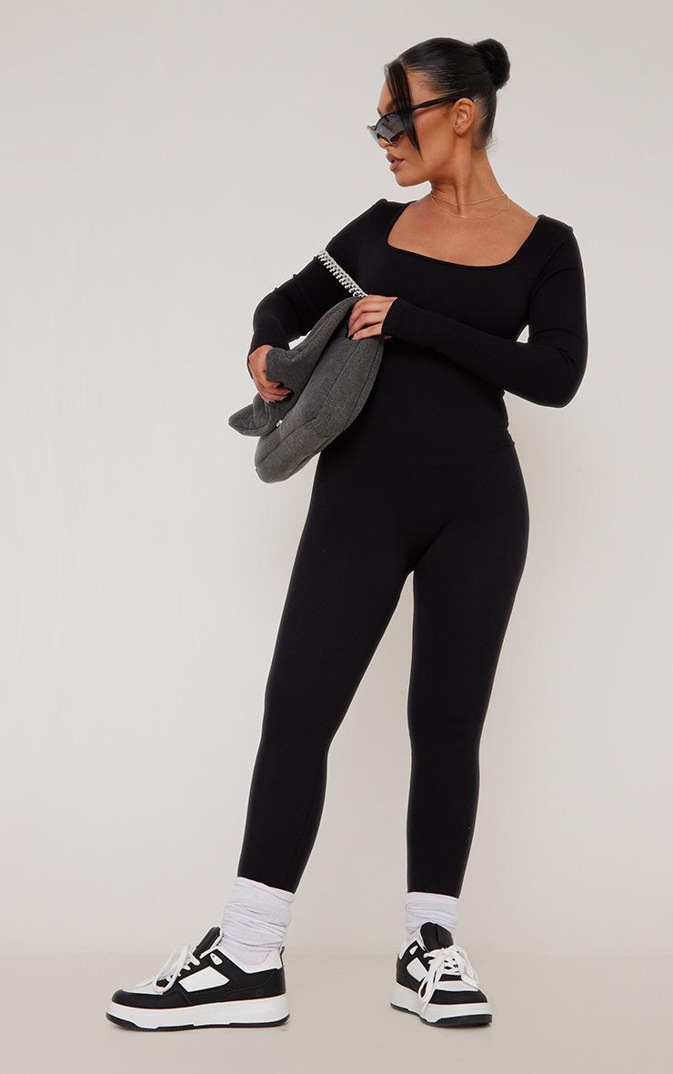 Pretty Little Thing Black Snatched Rib Square Neck Long Sleeve Jumpsuit