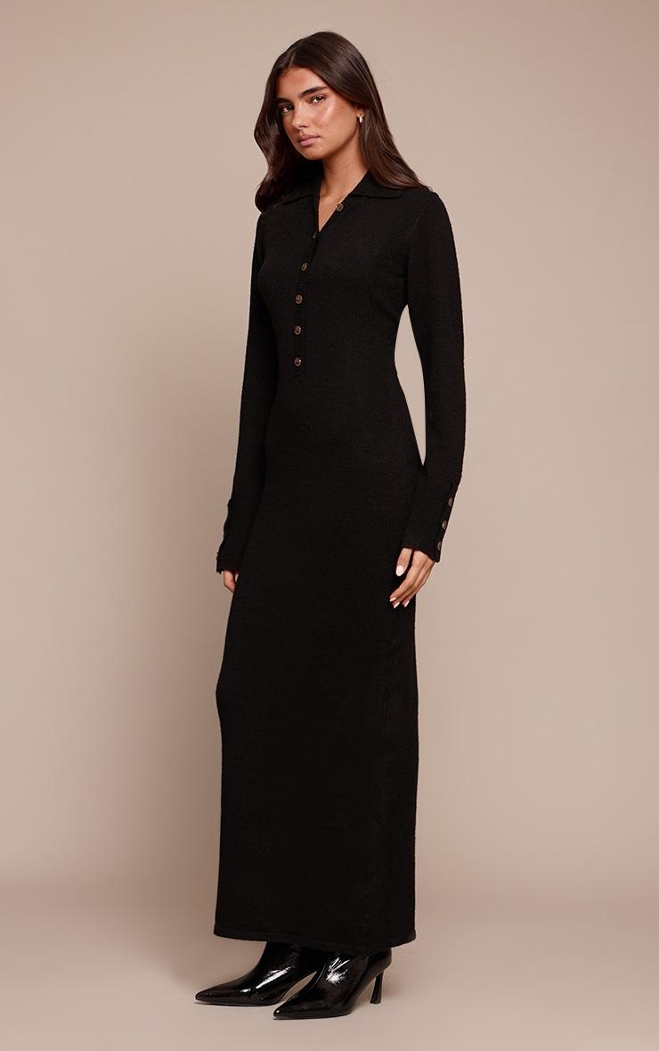 Pretty Little Thing Black Soft Bobble Knit Button Up Collar Detail Maxi Dress