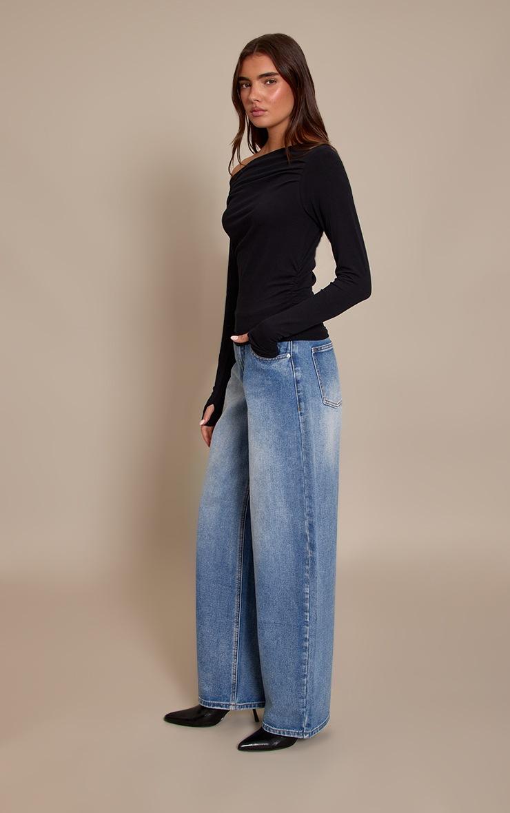 Pretty Little Thing Black Soft Cotton Ruched Asymmetric Long Sleeve Top