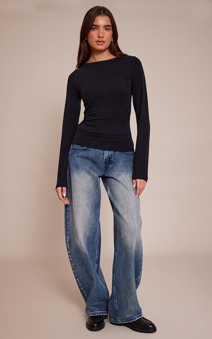 Pretty Little Thing Black Soft Cotton Ruched Side Long Sleeve Top