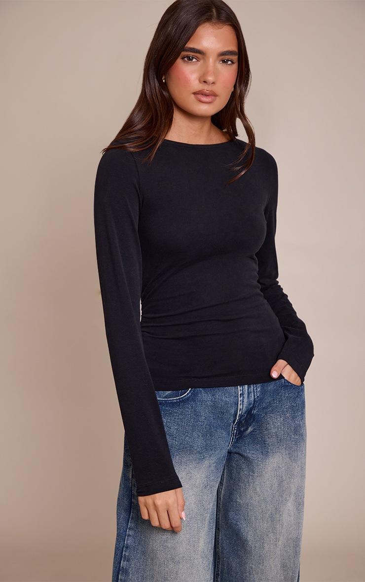 Pretty Little Thing Black Soft Cotton Ruched Side Long Sleeve Top
