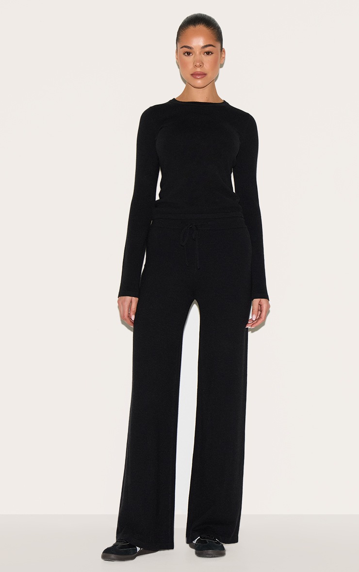 Pretty Little Thing Black Soft Knit Drawstring Waist Wide Leg Pants