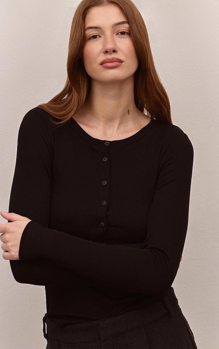 Pretty Little Thing Black Soft Rib Button Up Fitted Long Sleeve Top