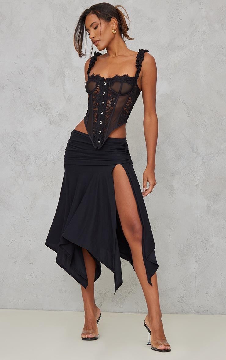 Pretty Little Thing Black Soft Touch Ruched Asymmetric Midi Skirt