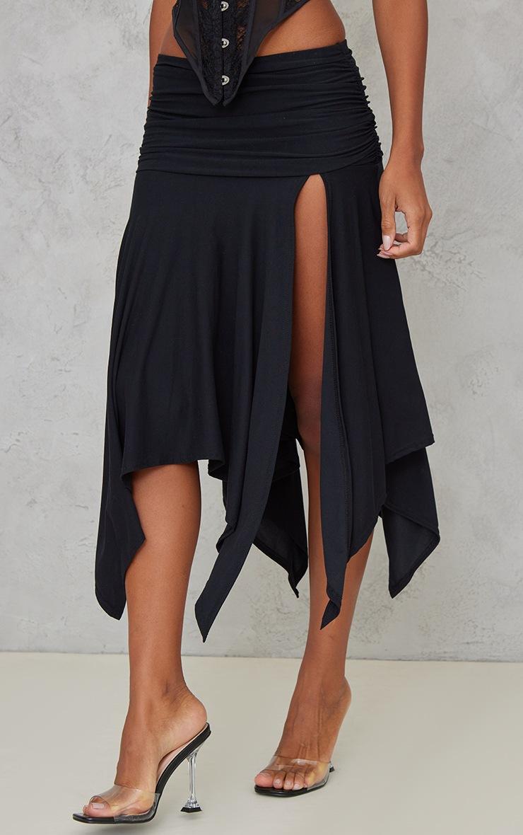 Pretty Little Thing Black Soft Touch Ruched Asymmetric Midi Skirt