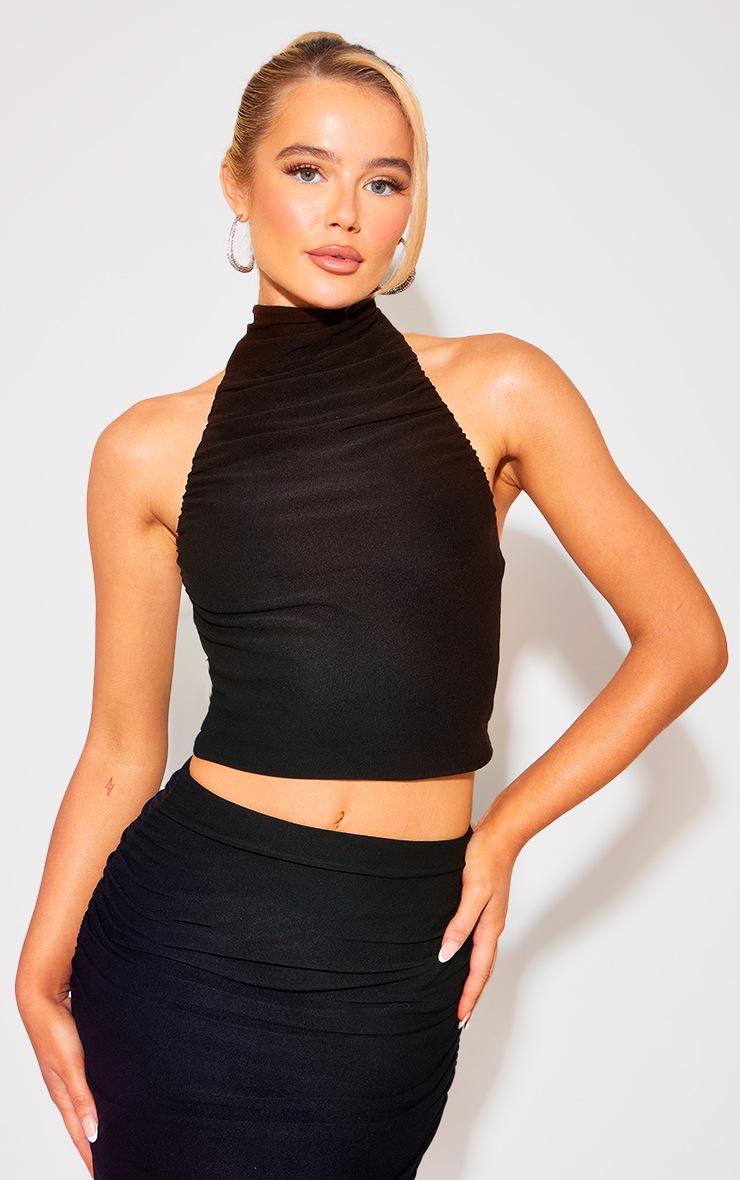 Pretty Little Thing Black Soft Touch Ruched Halterneck Crop Top