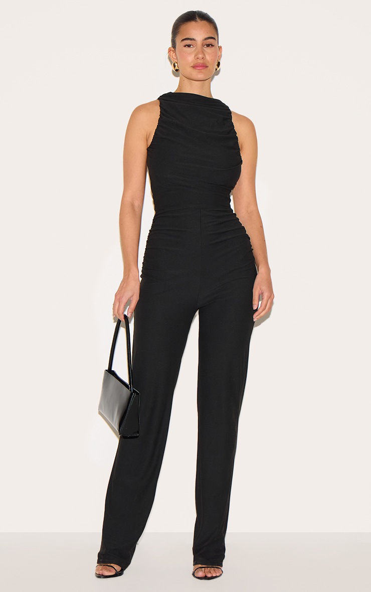 Pretty Little Thing Black Soft Touch Ruched Straight Leg Jumpsuit