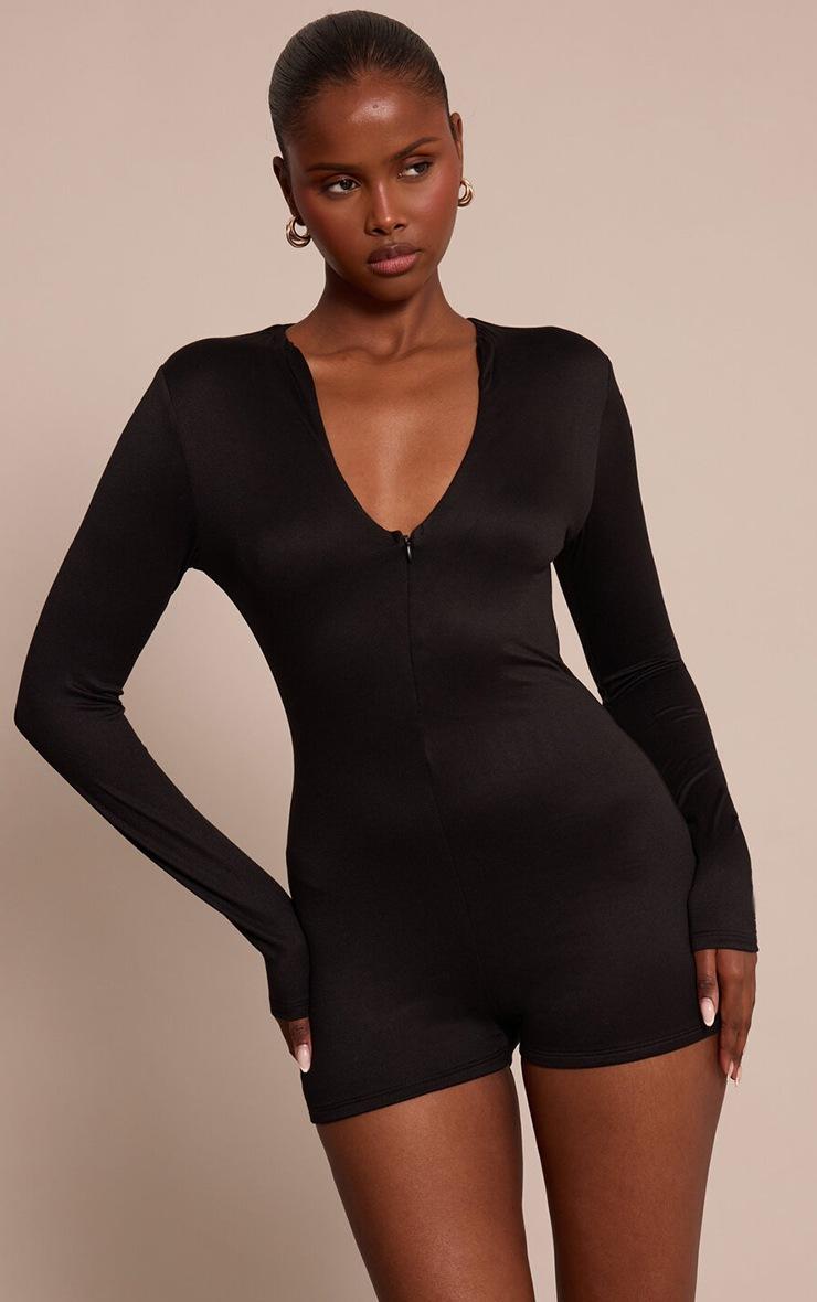 Pretty Little Thing Black Soft Touch Zip Up Unitard