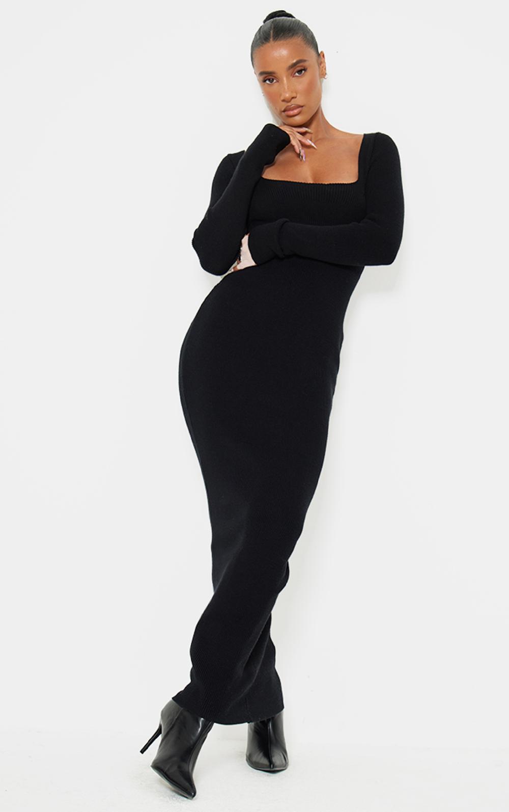 Pretty Little Thing Black Square Neck Knitted Maxi Dress