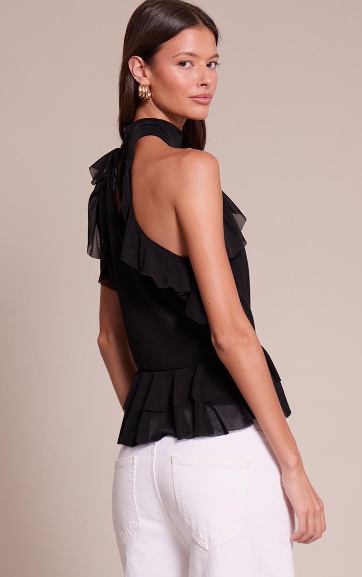 Pretty Little Thing Black Stretch Chiffon Frill Detail Highneck Top
