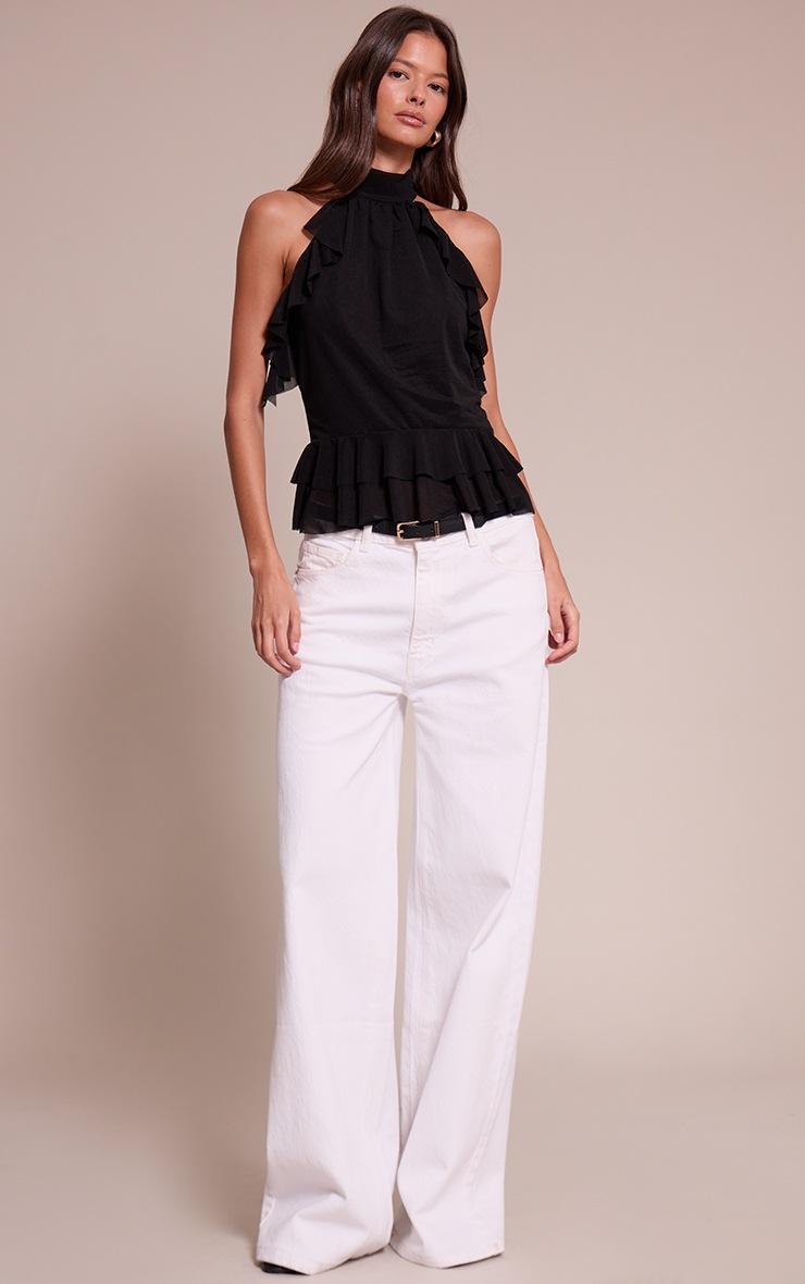 Pretty Little Thing Black Stretch Chiffon Frill Detail Highneck Top