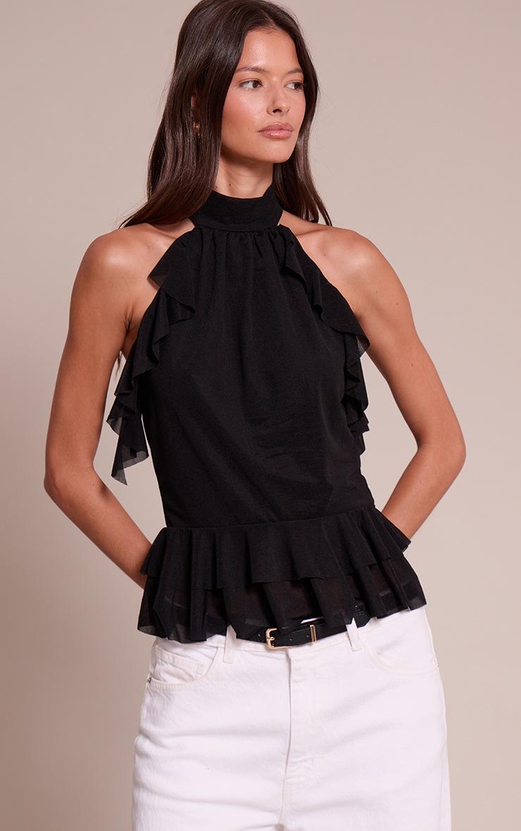 Pretty Little Thing Black Stretch Chiffon Frill Detail Highneck Top