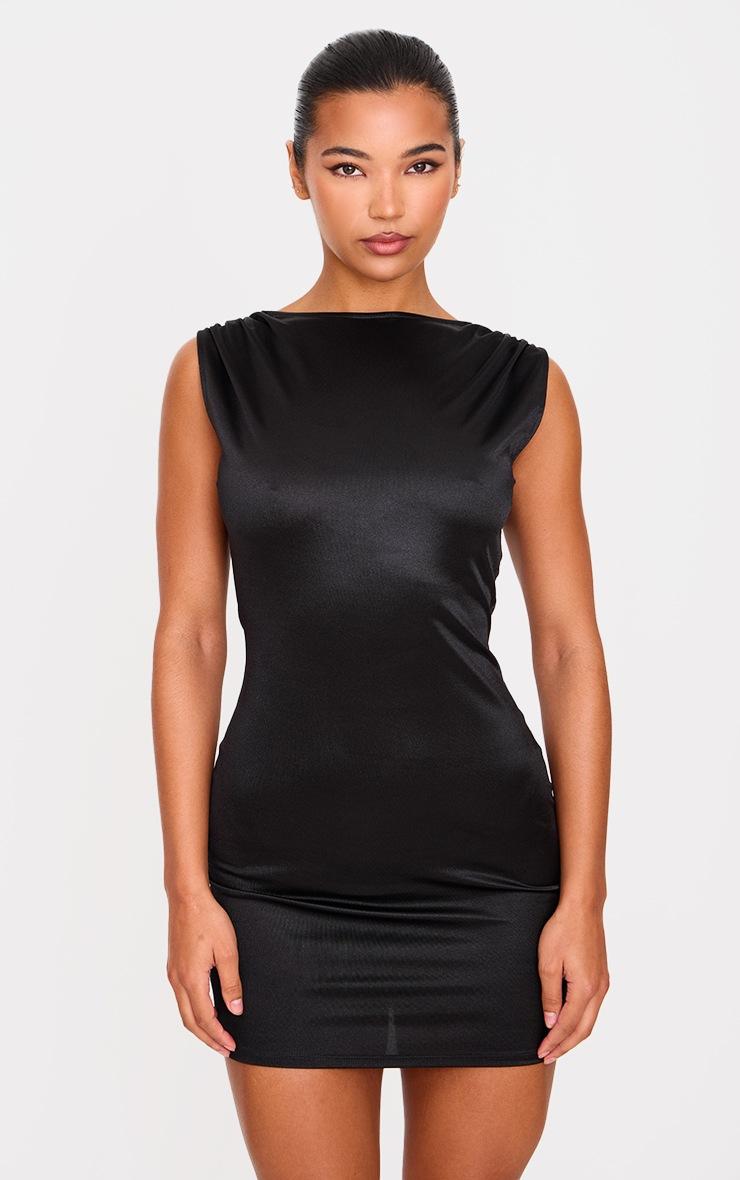 Pretty Little Thing Black Stretch Satin Boat Neck Mini Dress
