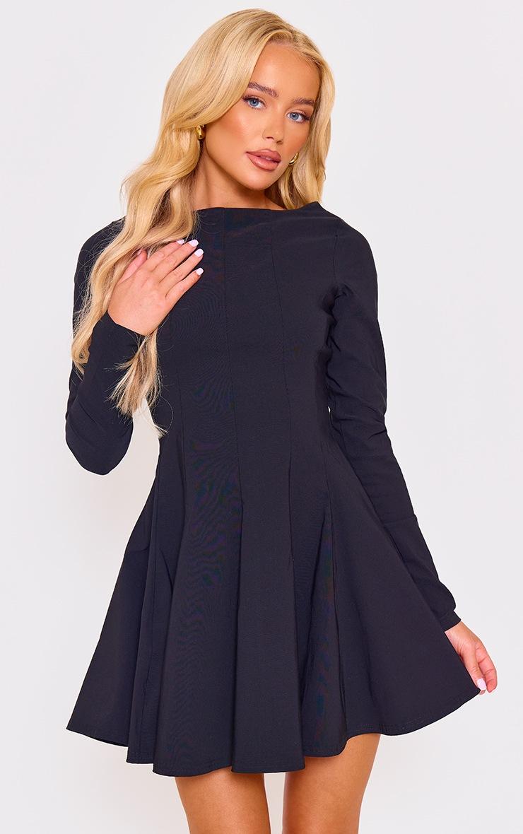 Pretty Little Thing Black Stretch Woven Boat Neck Long Sleeve Pleated Shift Dress