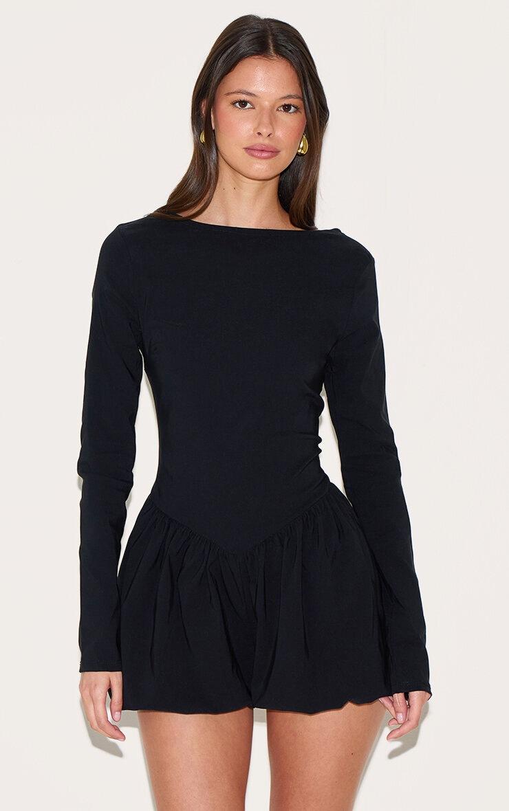 Pretty Little Thing Black Stretch Woven High Neck Puffball Skort Romper