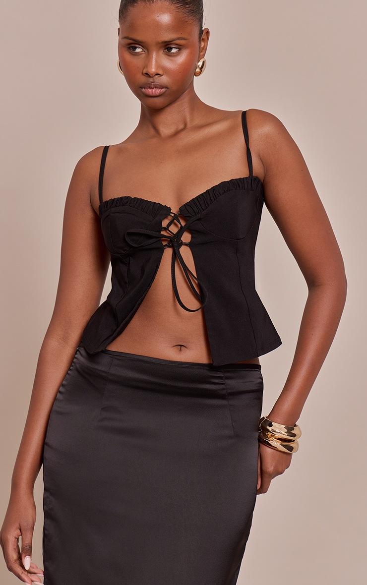 Pretty Little Thing Black Stretch Woven Lace Up Ruched Bust Top
