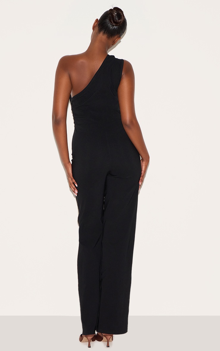 Pretty Little Thing Black Stretch Woven One Shoulder Ruched Flared Jumpsuit