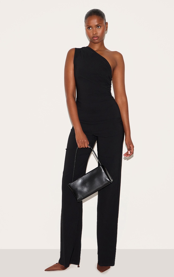 Pretty Little Thing Black Stretch Woven One Shoulder Ruched Flared Jumpsuit