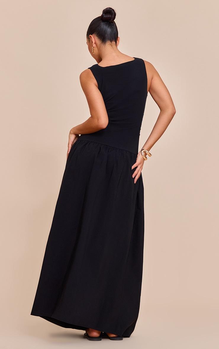 Pretty Little Thing Black Stretch Woven Ruched Detail Drop Waist Maxi Dress