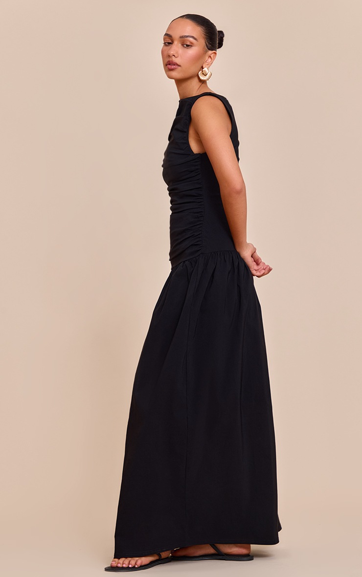 Pretty Little Thing Black Stretch Woven Ruched Detail Drop Waist Maxi Dress