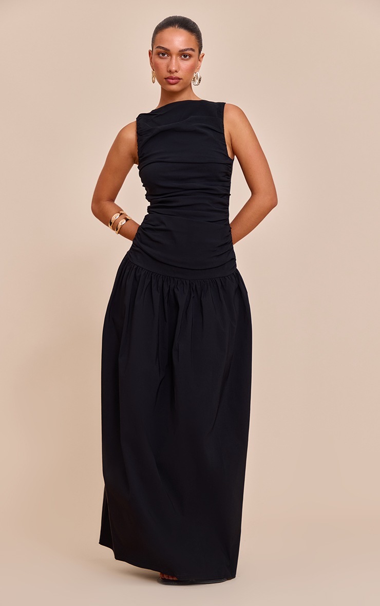 Pretty Little Thing Black Stretch Woven Ruched Detail Drop Waist Maxi Dress