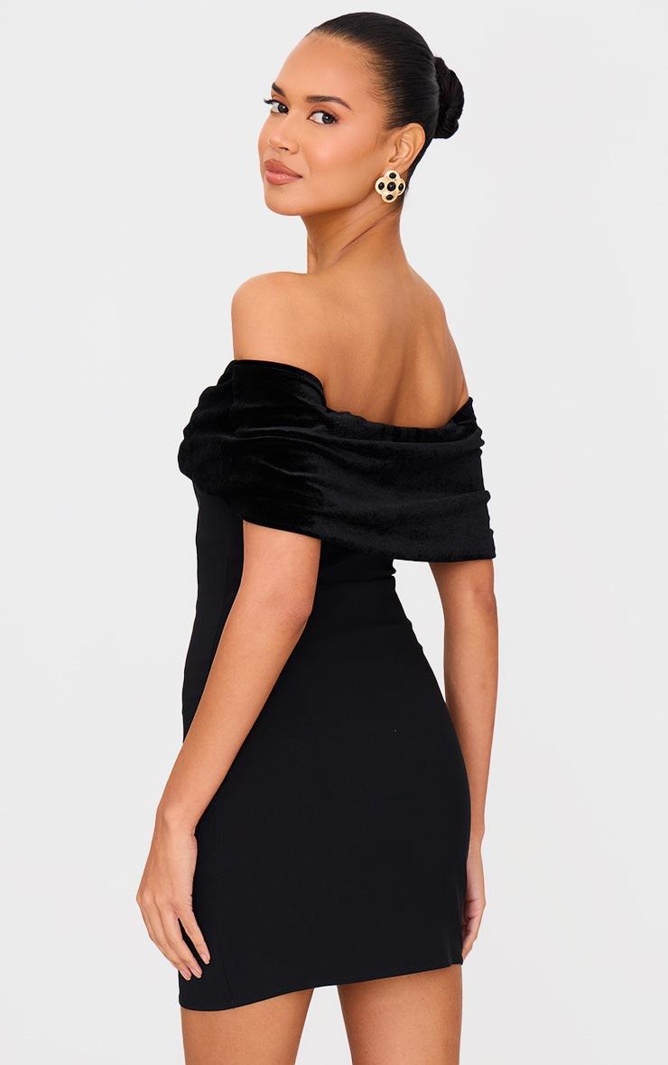 Pretty Little Thing Black Stretch Woven Velvet Bow Bardot Mini Dress