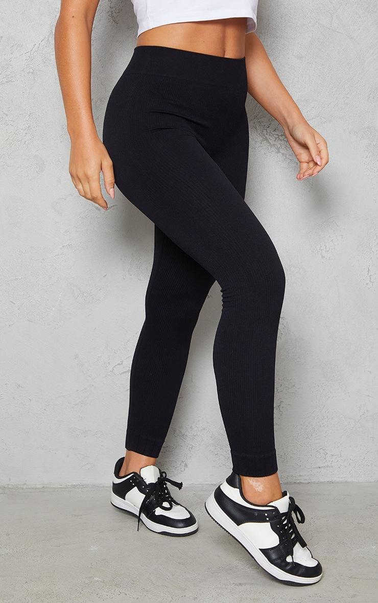 Pretty Little Thing Black Structured Snatched Rib Cuffed Detail Leggings