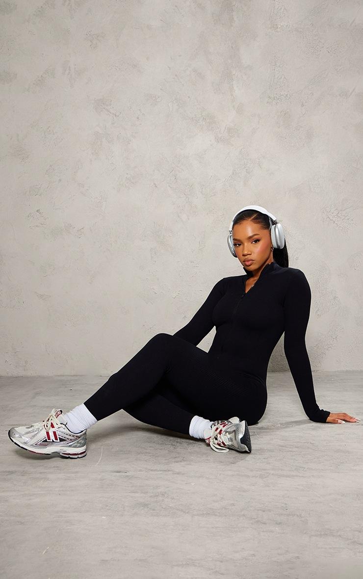 Pretty Little Thing Black Structured Snatched Rib Zip Jumpsuit