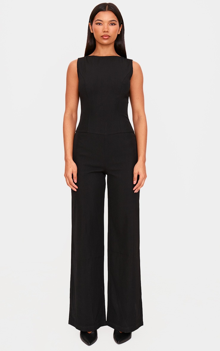 Pretty Little Thing Black Structured Woven Open Back Detail Straight Leg Jumpsuit