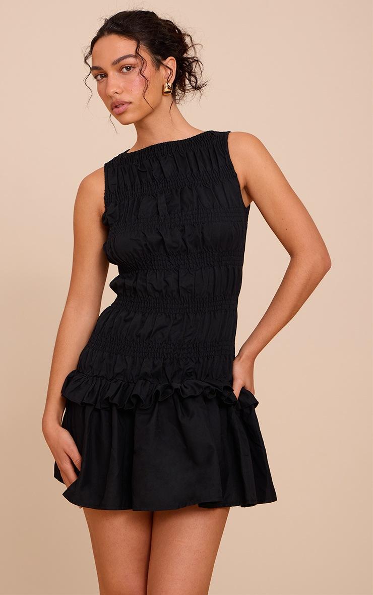 Pretty Little Thing Black Tailored Shirred Frill Shift Dress