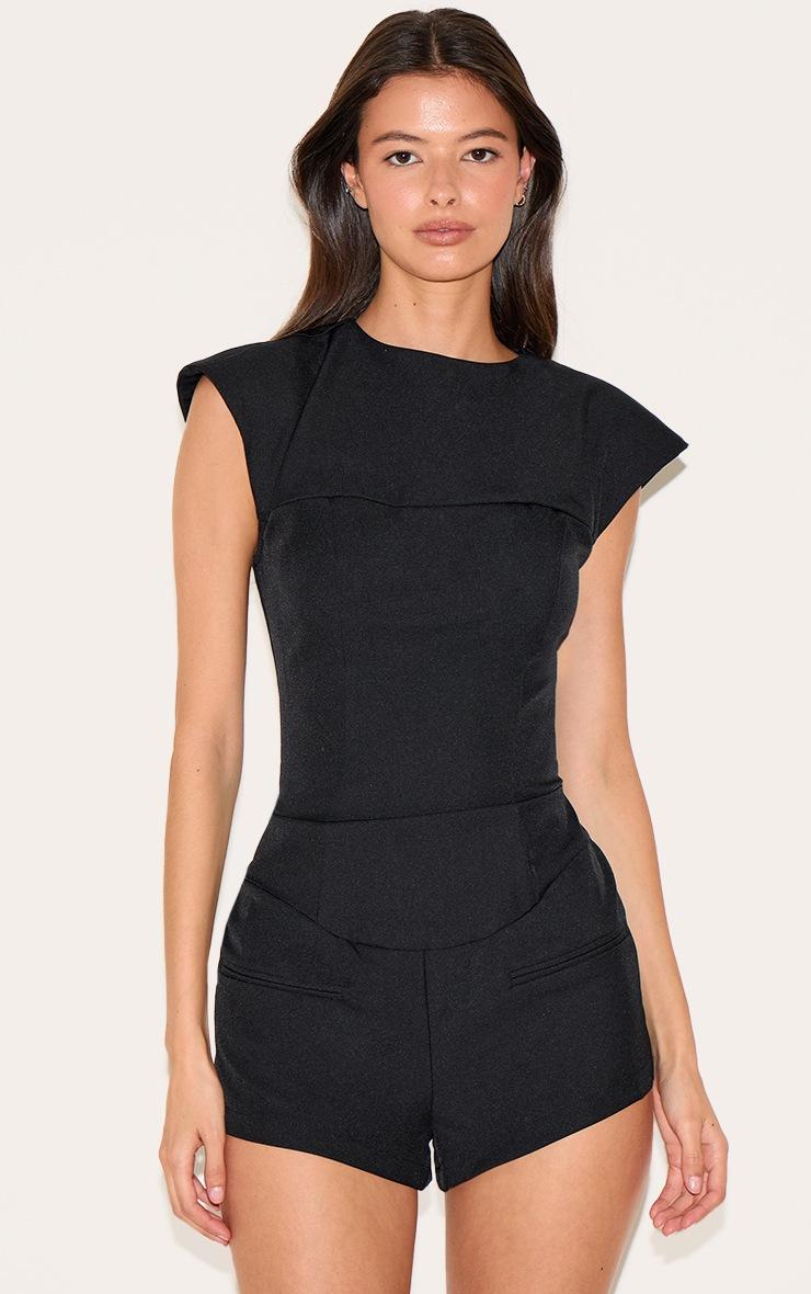 Pretty Little Thing Black Tailored Woven Boatneck Cap Sleeve Romper