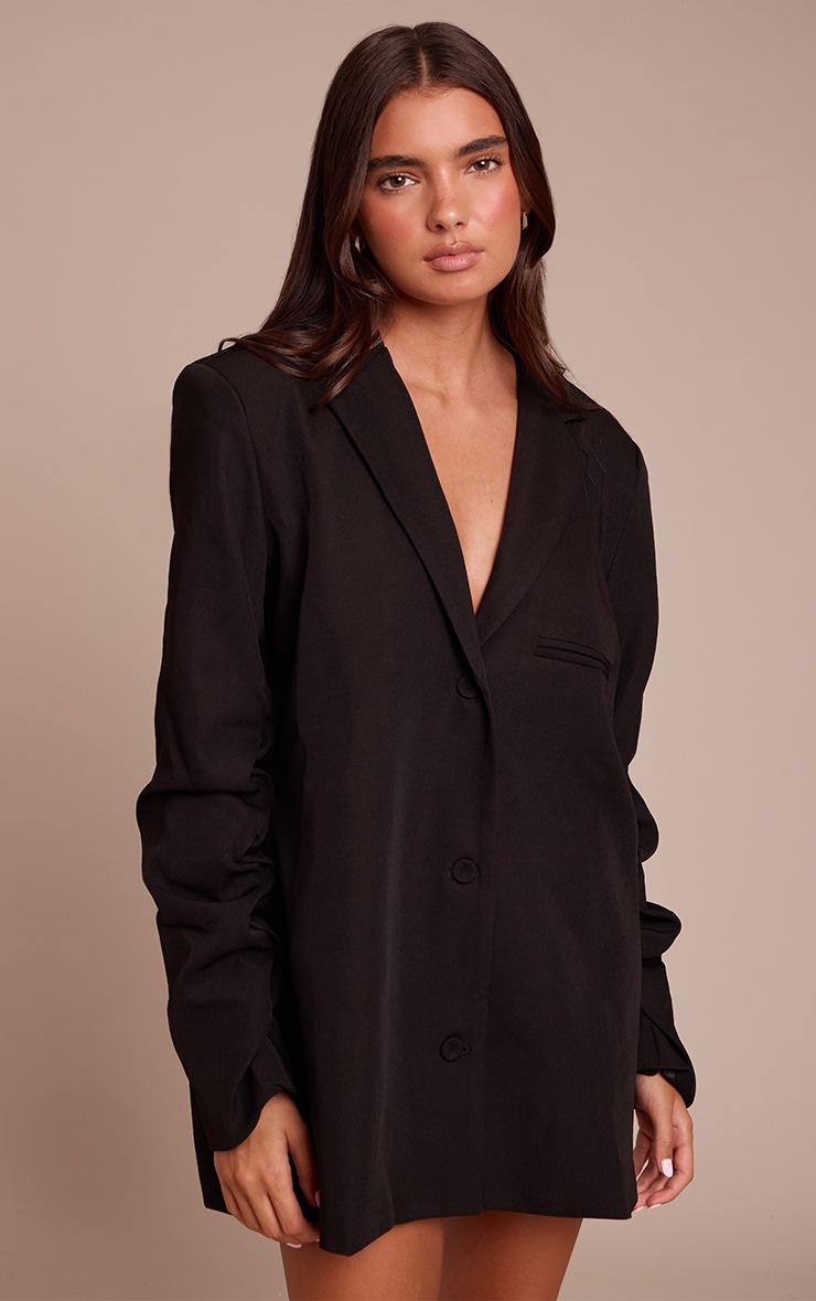 Pretty Little Thing Black Tailored Woven Ruched Sleeve Blazer Dress