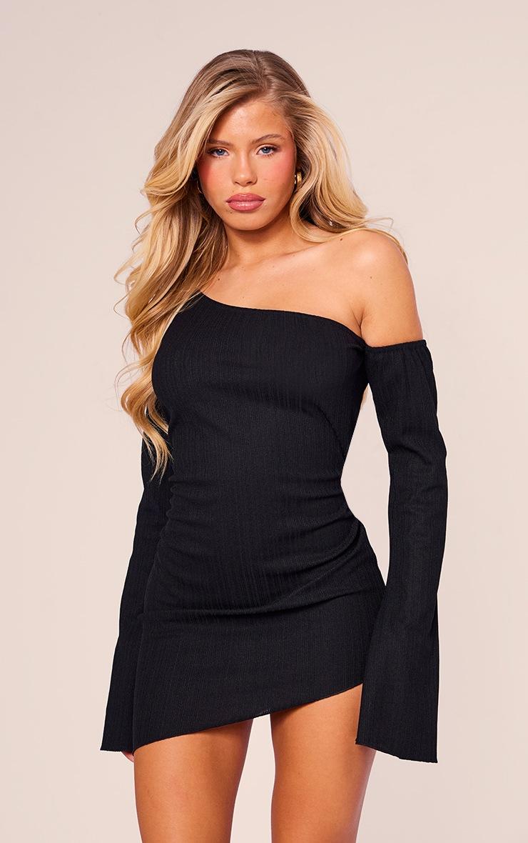 Pretty Little Thing Black Textured Asymmetric One Sleeve Mini Dress