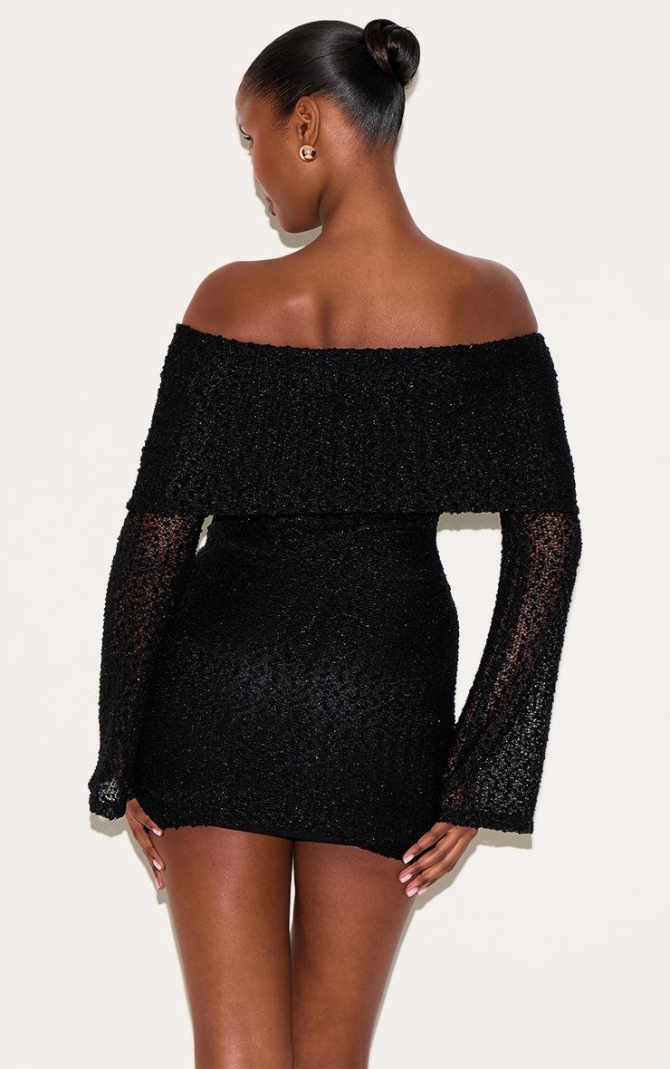 Pretty Little Thing Black Textured Bardot Flare Long Sleeve Mini Dress