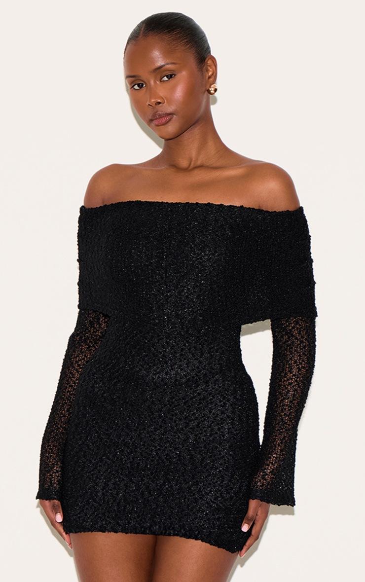 Pretty Little Thing Black Textured Bardot Flare Long Sleeve Mini Dress